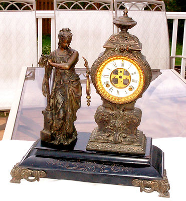 ANSONIA Clock STANDING SPELTER Statue MUSIC Mantle Shelf Large ANTIQUE  case â€“