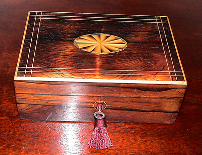 BEAUTIFUL ANTIQUE ROSEWOOD INLAID JEWELLERY BOX.C1870.COMPLETE WITH LOCK / KEY.