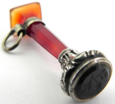 Antique Silver & Agate Watch Chain Seal Fob, Carved Intaglio.