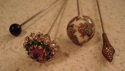Antique vintage hatpins, lot of 4 Rhinestone, cloissone enamel, etc.