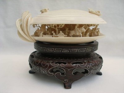 Antique Chinese Carved Ox Bone  Clam Shell Sculpture on Stand.
