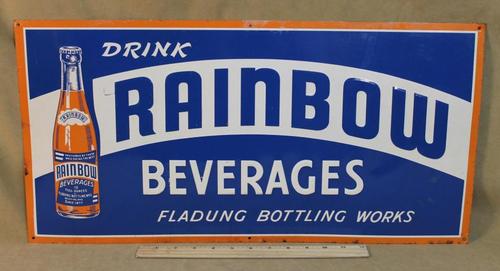 Antique 1930s Pressed Tin Lithograph Rainbow Soda  Bottle Advertising Sign,
