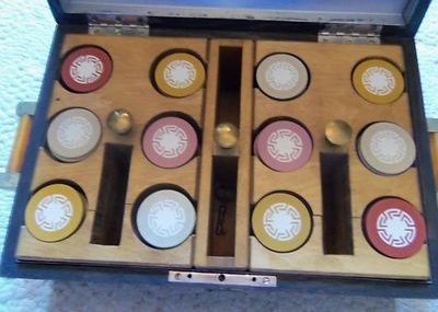 VINTAGE INLAID POKER CHIPS WITH RACK, 300 CHIPS, GREEK KEYS, ANTIQUE, RARE,
