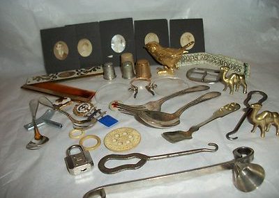Antique ,Vintage Junk Drawer Lot,thimble,shoe hook,photos,pins,flatware,comb,