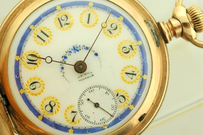 VINTAGE 18 SIZE WALTHAM 17J HUNTING CASE POCKET WATCH COLORED PORCELAIN DIAL