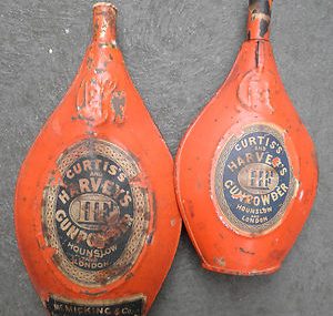 Powder flask tins x2.. FFF Blackpowder…Antique ailed in Melbourne.