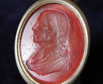 Antique Portrait Seal Fob Intaglio • fine work • c 1820 gilt copper • carnelian